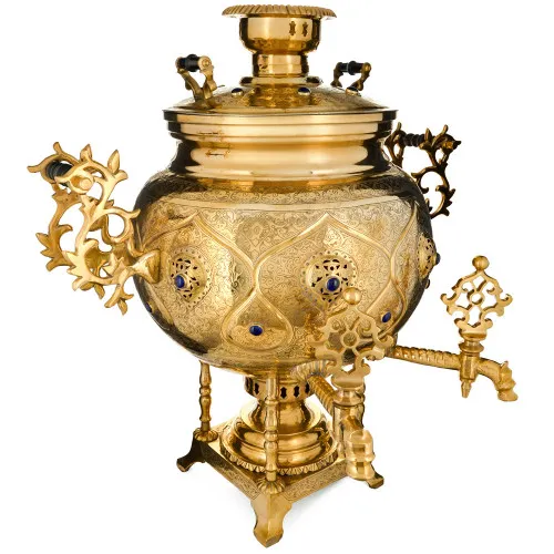 Самовар буфетный на дровах 60 л. формы«Шар»два крана на скульптурных стойках, инкрустация«Лазуритом» Самовар буфетный на дровах 60 л. формы«Шар»два крана на скульптурных стойках, инкрустация«Лазуритом»