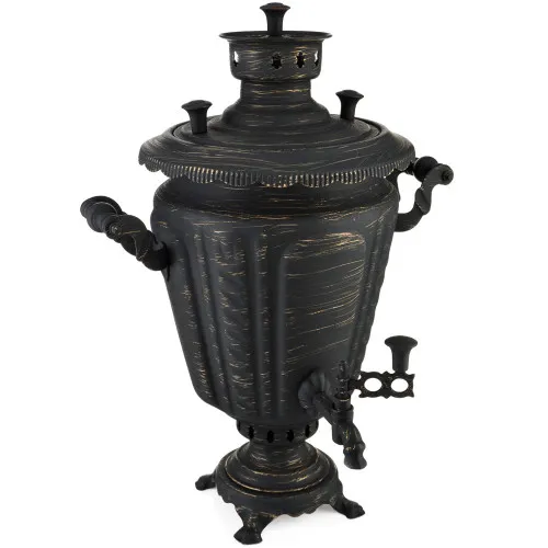 Самовар на дровах 7 литров формы «Рюмка гранная с косичкой», золотые нити в патине Самовар на дровах 7 литров формы «Рюмка гранная с косичкой», золотые нити в патине