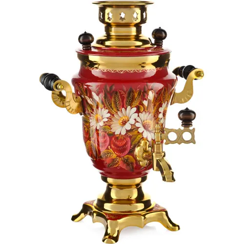 Самовар электрический 1,5 литра с худ. росписью «Ромашки с клубникой в золоте» формы «Тюльпан»