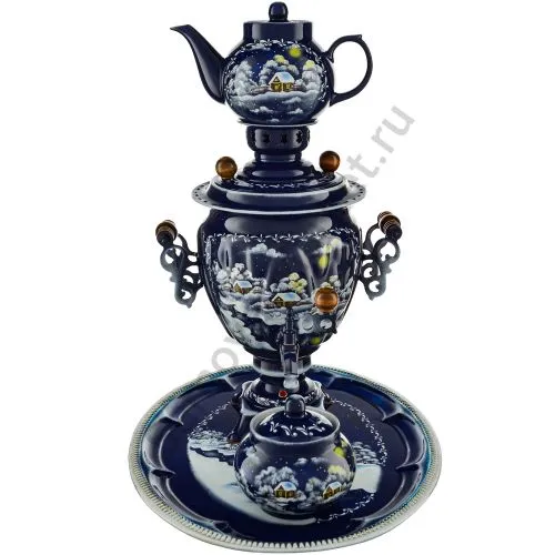 Самовар электрический 3 л. с авто.откл. худ.росписью «Зима» формы «Жёлудь» в наборе из 4 предметов