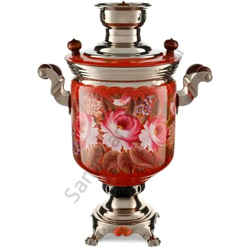 Самовар электрический 7 л с автоотключением, худ.росписью «Пионы на красном в серебре» формы «Банка»