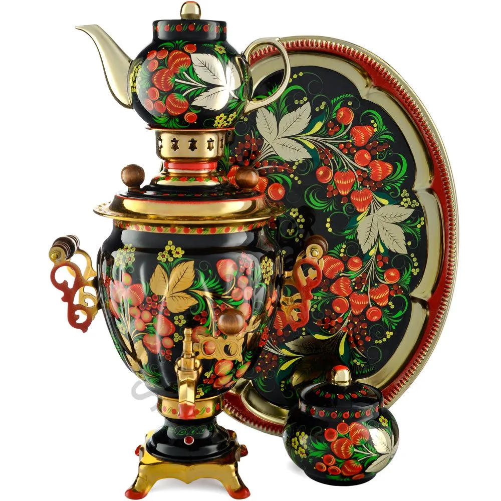 Самовар электрический 3 л с автооткл, «Хохлома с ягодами в зелени №2» формы «Жёлудь» в наборе Самовар электрический 3 л с автооткл, «Хохлома с ягодами в зелени №2» формы «Жёлудь» в наборе