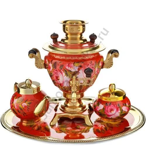 Самовар электрический 2 литра с худ. росписью «Пионы на красном в золоте» формы «Чаша» в наборе