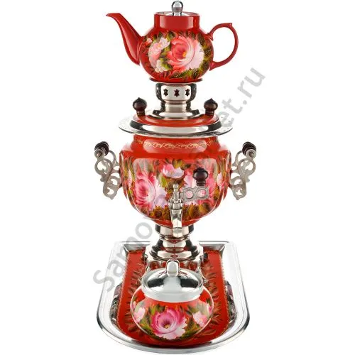 Самовар электрический 3 литра с художественной росписью «Пионы в серебре» формы «Овал» в наборе