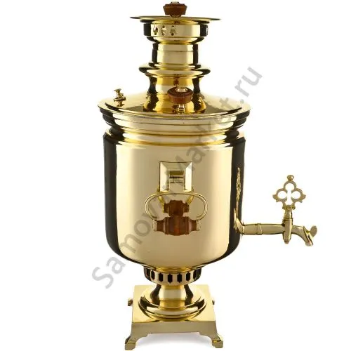 Самовар антикварный на дровах 7,5 литров формы «Банка» Гудков с медалями, золотистый
