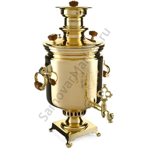 Самовар антикварный на дровах 7,5 литров формы «Банка» Гудков с медалями, золотистый