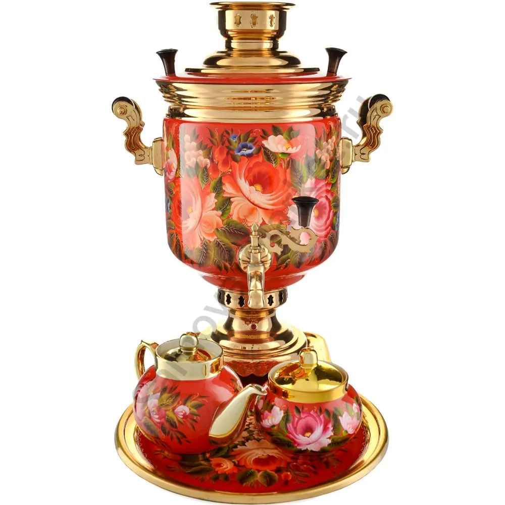 Самовар электрический 10л с автоот., худ.росписью «Пионы на красном в золоте» формы «Банка» в наборе Самовар электрический 10л с автоот., худ.росписью «Пионы на красном в золоте» формы «Банка» в наборе