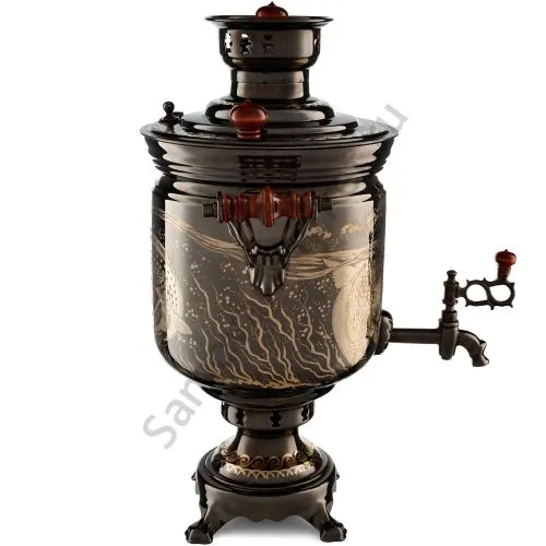 Самовар на дровах 5 литров формы «Банка» с рисунком  «Рыбалка»