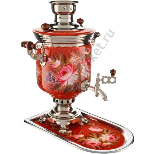 Самовар электрический 7 л с автооткл., худ.росписью «Пионы в серебре» формы «Банка» с подносом