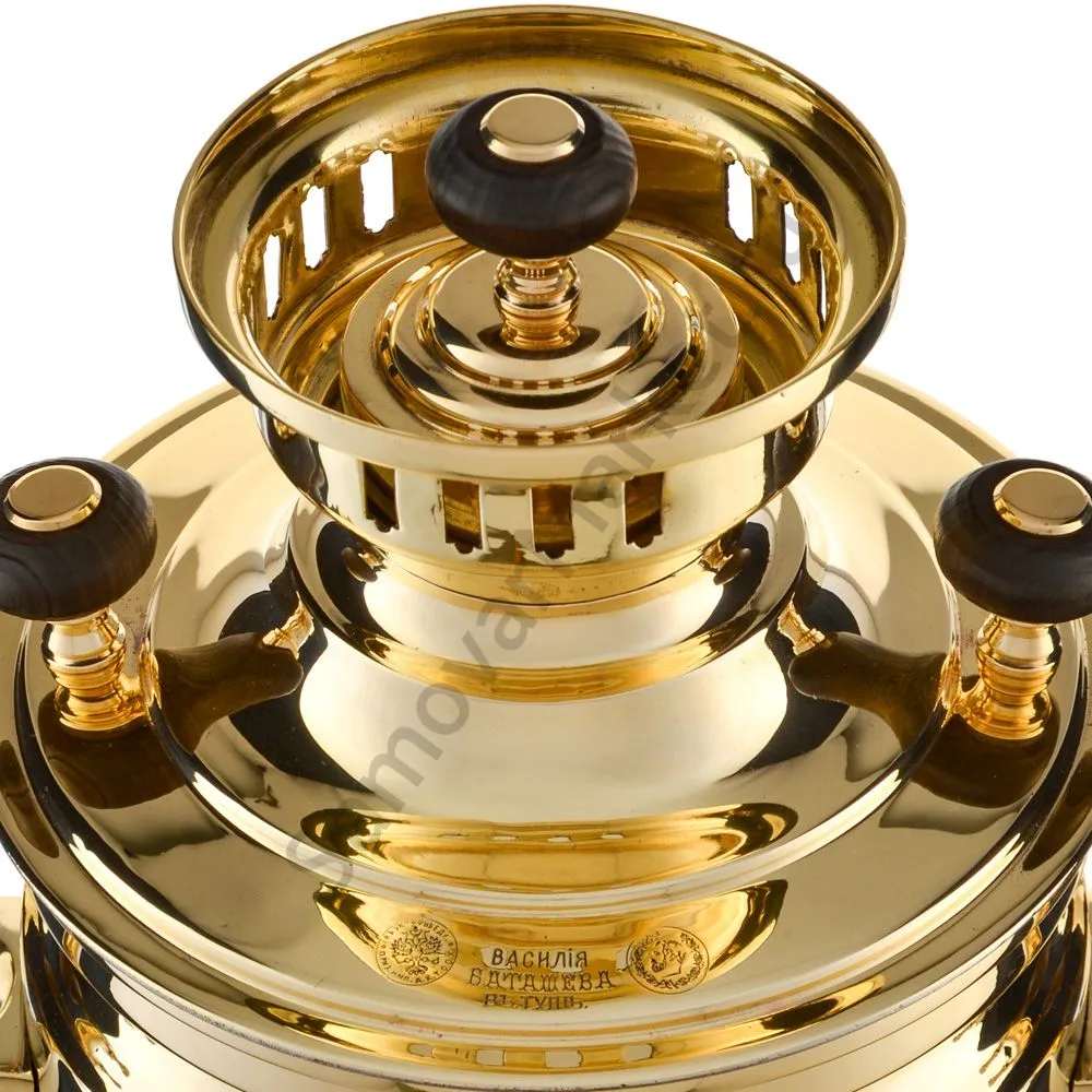 Самовар антикварный на дровах 3 литра формы «Банка» В.С. Баташева с медалями, золотой Самовар антикварный на дровах 3 литра формы «Банка» В.С. Баташева с медалями, золотой