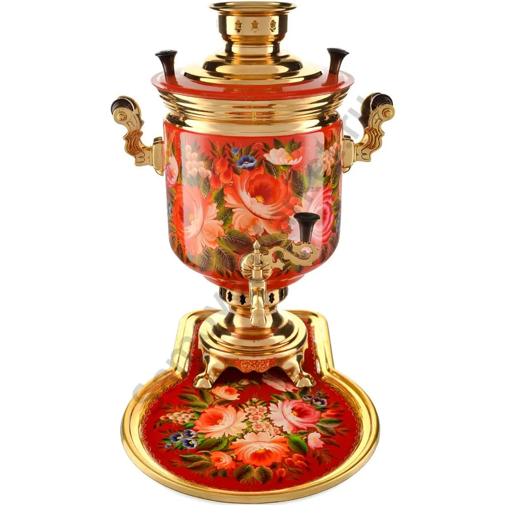 Самовар электрический 10л с автоот., худ.росписью «Пионы в золоте» формы «Банка» с подносом Самовар электрический 10л с автоот., худ.росписью «Пионы в золоте» формы «Банка» с подносом