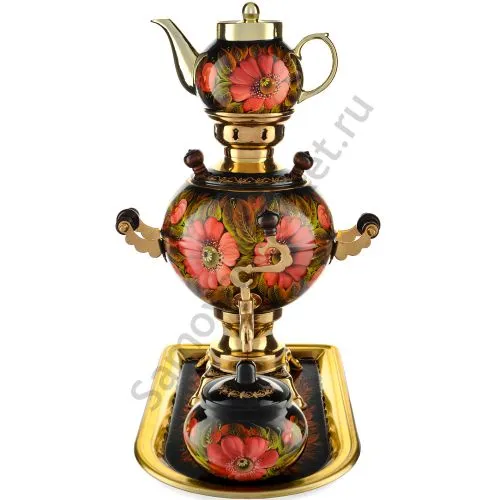 Самовар электрический 3 литра с художественной росписью «Маки на чёрном» формы «Шар» в наборе