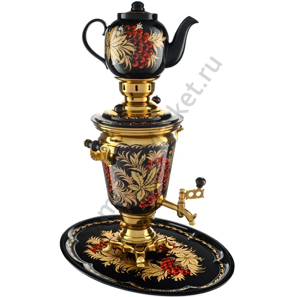 Самовар электрический 4 литра художественной росписью «Хохлома гроздья ягод» формы «Рюмка» в наборе Самовар электрический 4 литра художественной росписью «Хохлома гроздья ягод» формы «Рюмка» в наборе