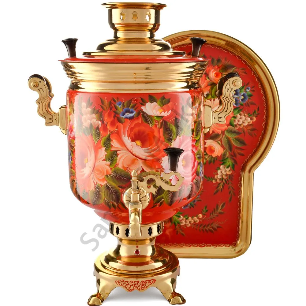 Самовар электрический 10л с автоот., худ.росписью «Пионы в золоте» формы «Банка» с подносом Самовар электрический 10л с автоот., худ.росписью «Пионы в золоте» формы «Банка» с подносом