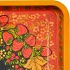 Поднос для самовара прямоугольный с художественной росписью «Клубника в зелени №2 на красном»