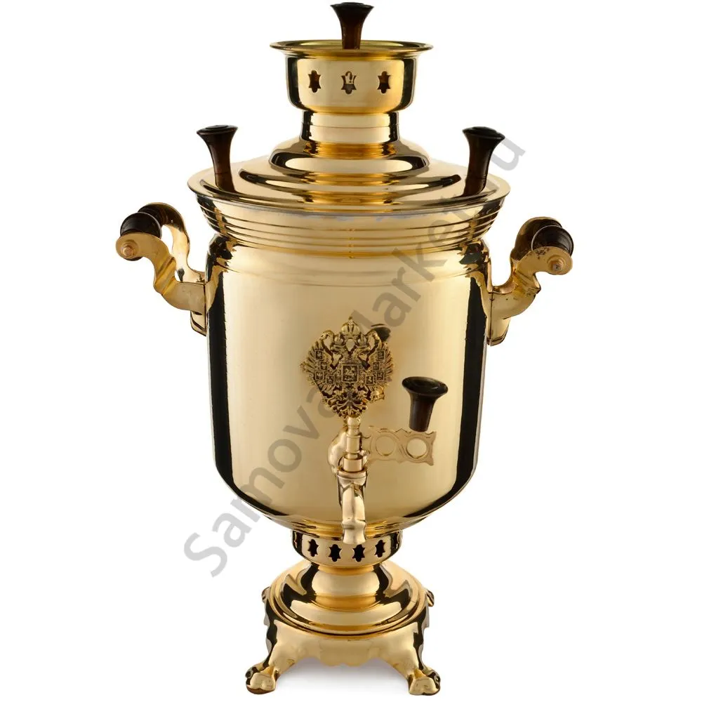 Самовар на дровах 5 литров формы «Банка с гербом РФ», золотой, категория «Люкс» Самовар на дровах 5 литров формы «Банка с гербом РФ», золотой, категория «Люкс»