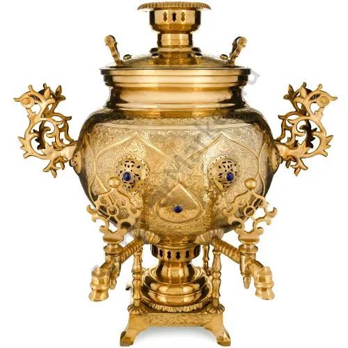 Самовар буфетный на дровах 60 л. формы«Шар»два крана на скульптурных стойках, инкрустация«Лазуритом»