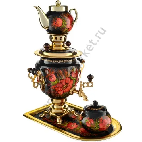 Самовар электрический 3 литра с художественной росписью «Маки на чёрном» формы «Жёлудь» в наборе