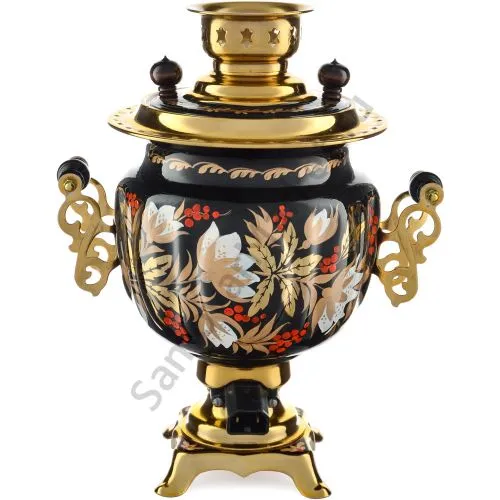 Самовар электрический 3 литра с худ. росписью «Хохлома белые цветы на чёрном» формы «Овал» 