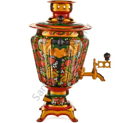 Самовар электрический 3 литра с худ. росписью «Клубника в зелени №2 на зелёном» формы «Рюмка»