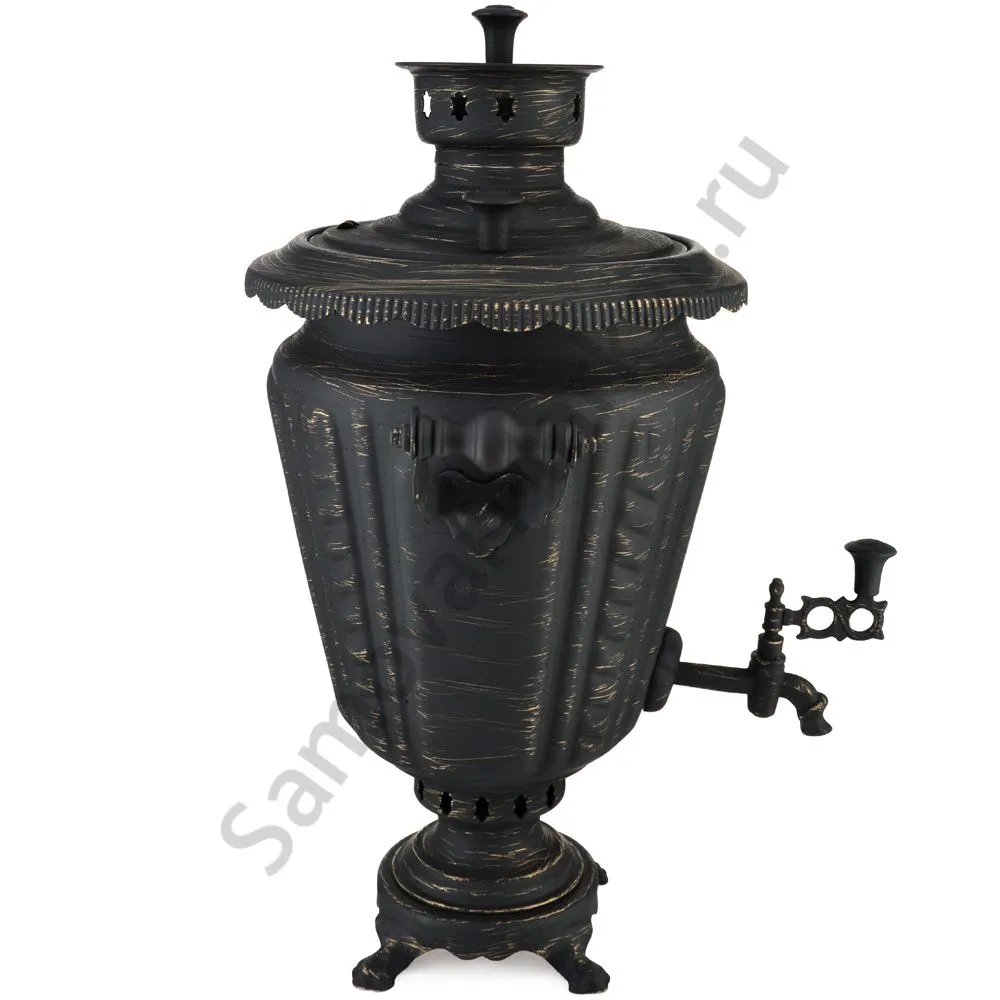 Самовар на дровах 7 литров формы «Рюмка гранная с косичкой», золотые нити в патине Самовар на дровах 7 литров формы «Рюмка гранная с косичкой», золотые нити в патине