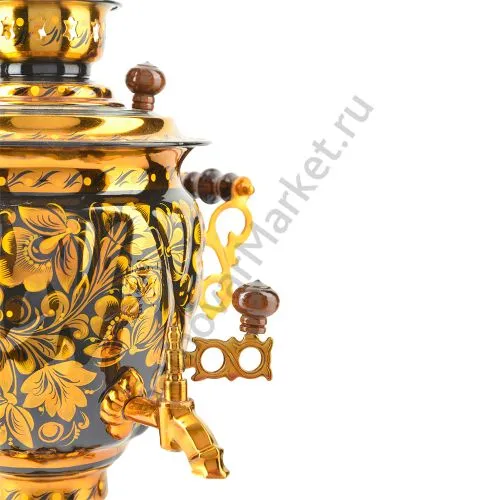 Самовар электрический 3 литра с художественной росписью «Кудрина золото на чёрном» формы «Жёлудь»