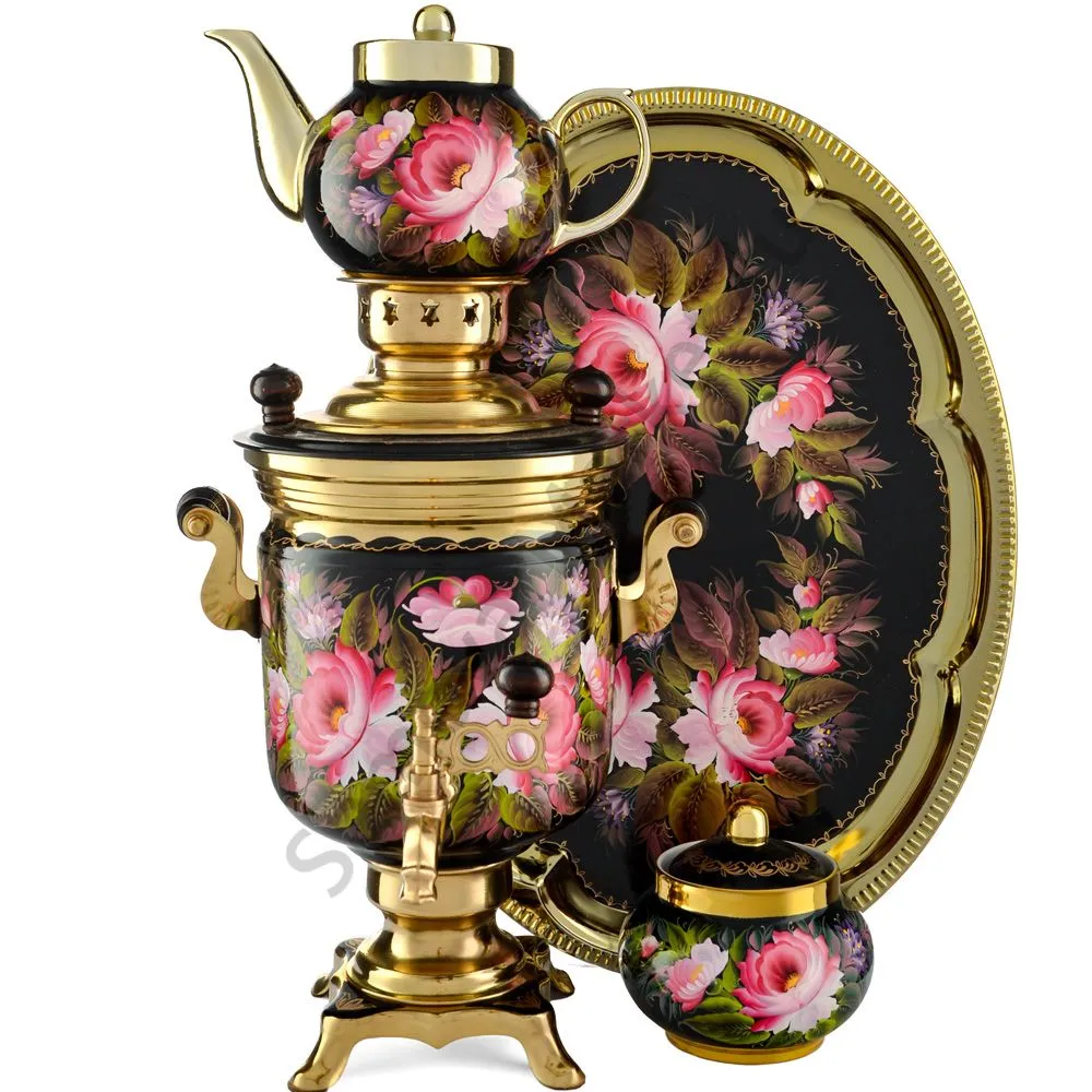 Самовар электрический 3 литра с худ. росписью «Пионы на чёрном в золоте» формы «Банка» в наборе Самовар электрический 3 литра с худ. росписью «Пионы на чёрном в золоте» формы «Банка» в наборе