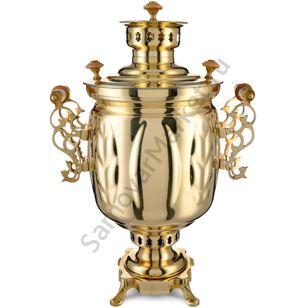Самовар на дровах 5 литров формы «Банка с листьями с гербом РФ», золотой Самовар на дровах 5 литров формы «Банка с листьями с гербом РФ», золотой