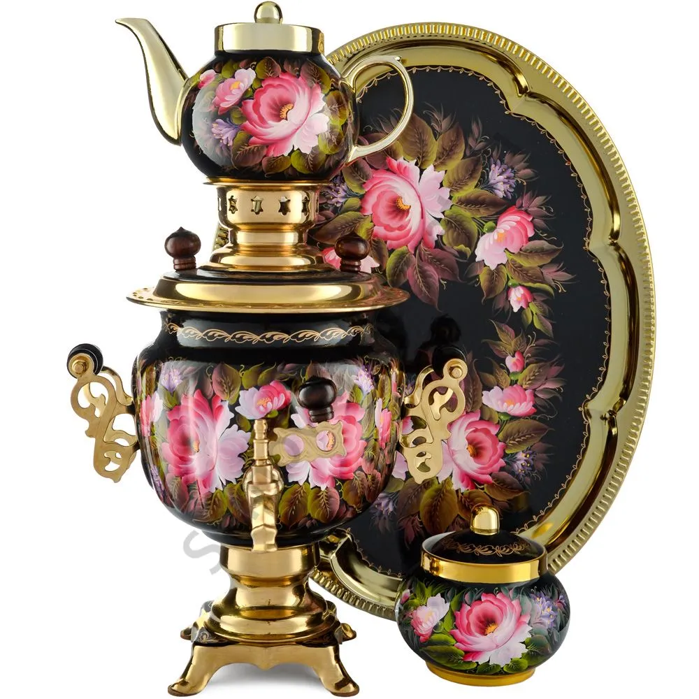 Самовар электрический 3 литра с художественной росписью «Пионы на чёрном» формы «Овал» в наборе Самовар электрический 3 литра с художественной росписью «Пионы на чёрном» формы «Овал» в наборе