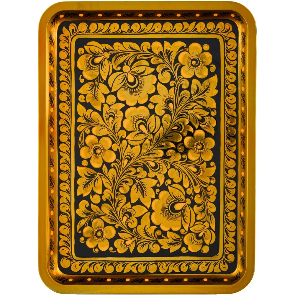 Поднос для самовара прямоугольный с художественной росписью «Кудрина золото на чёрном» Поднос для самовара прямоугольный с художественной росписью «Кудрина золото на чёрном»