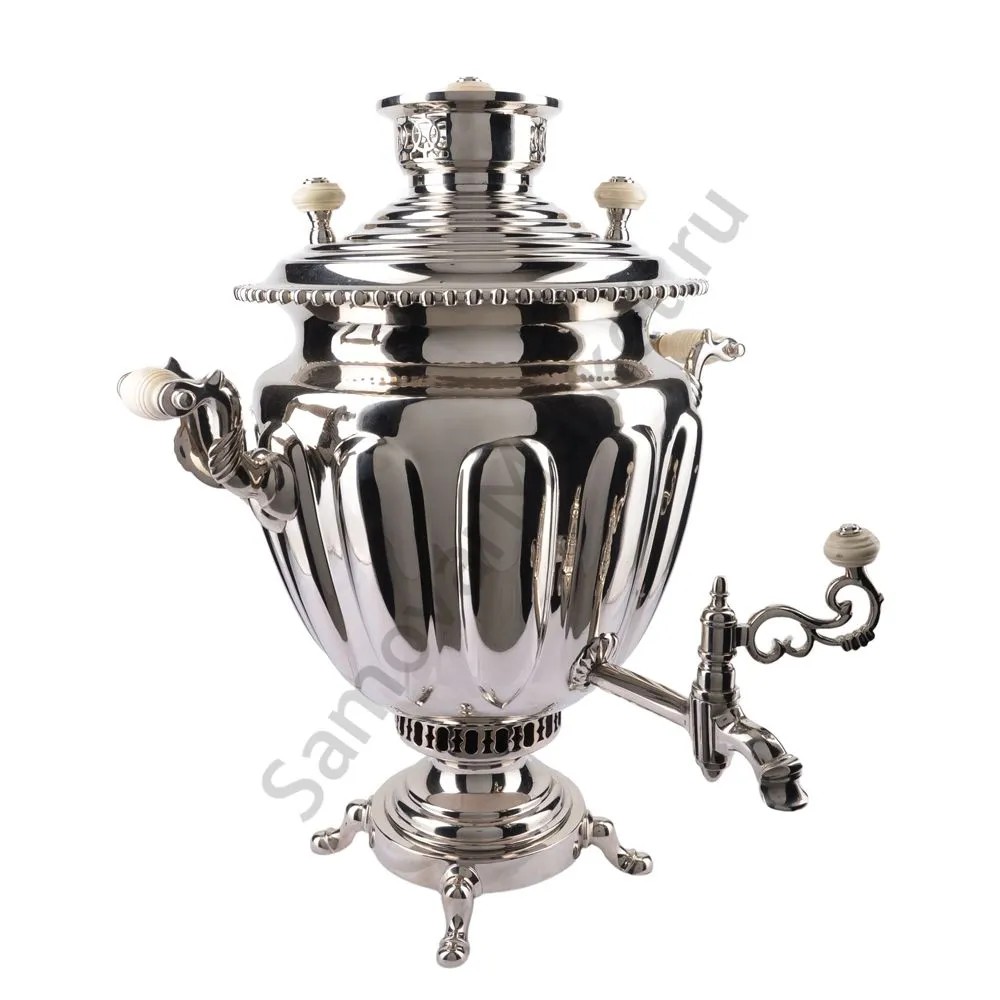Самовар антикварный на дровах 6,5 литров формы «Ваза дольная», фурнитура кость, серебристый Самовар антикварный на дровах 6,5 литров формы «Ваза дольная», фурнитура кость, серебристый