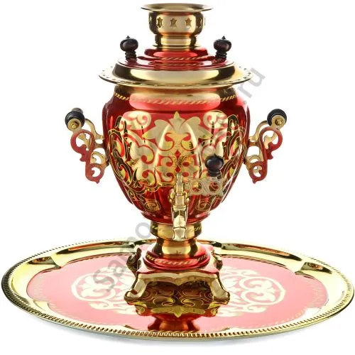 Самовар электрический 3 л. с художественной росписью «Орнамент красный» с подносом, формы «Жёлудь»