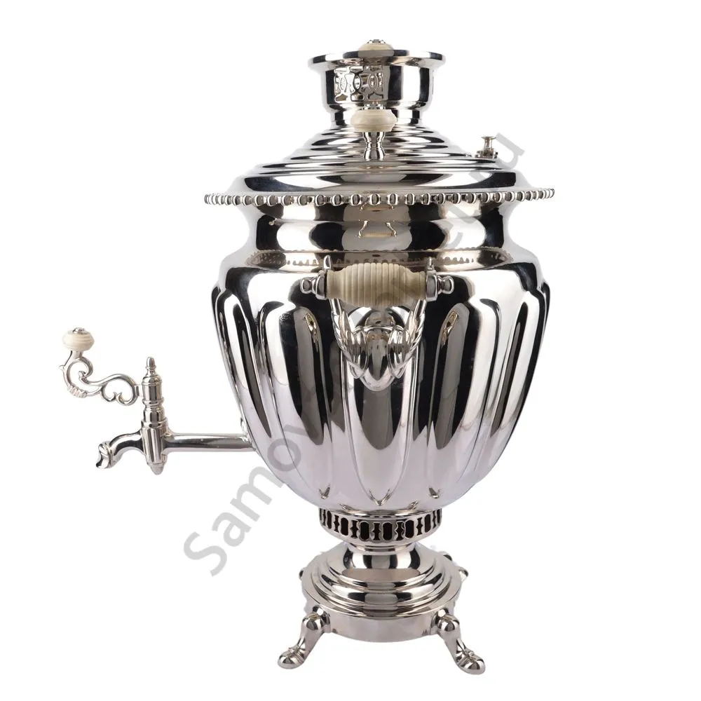 Самовар антикварный на дровах 6,5 литров формы «Ваза дольная», фурнитура кость, серебристый Самовар антикварный на дровах 6,5 литров формы «Ваза дольная», фурнитура кость, серебристый