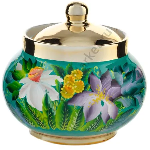 Сахарница с художественной росписью «Нарциссы на зелёном в золоте» 