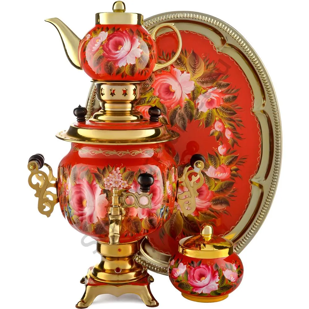 Самовар электрический 3л с автооткл, худ.росписью «Пионы на красном в зол.» формы «Овал» в наборе Самовар электрический 3л с автооткл, худ.росписью «Пионы на красном в зол.» формы «Овал» в наборе