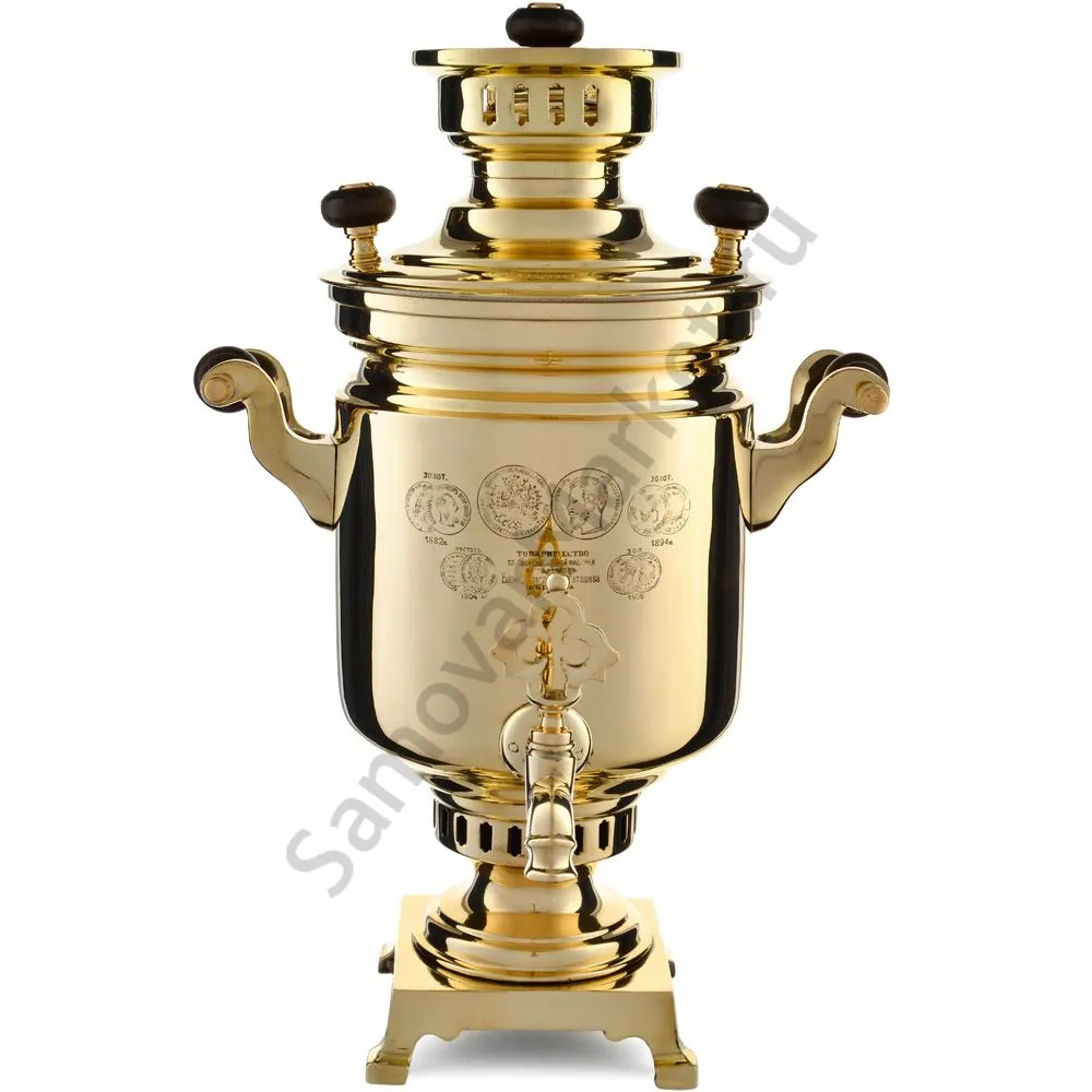 Самовар антикварный на дровах 3 литра формы «Банка» В.С. Баташева с медалями, золотой Самовар антикварный на дровах 3 литра формы «Банка» В.С. Баташева с медалями, золотой