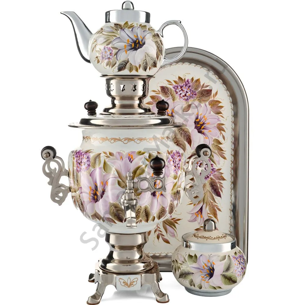 Самовар электрический 3 литра с худ. росписью «Лилии на белом в серебре» в наборе, формы «Овал» Самовар электрический 3 литра с худ. росписью «Лилии на белом в серебре» в наборе, формы «Овал»