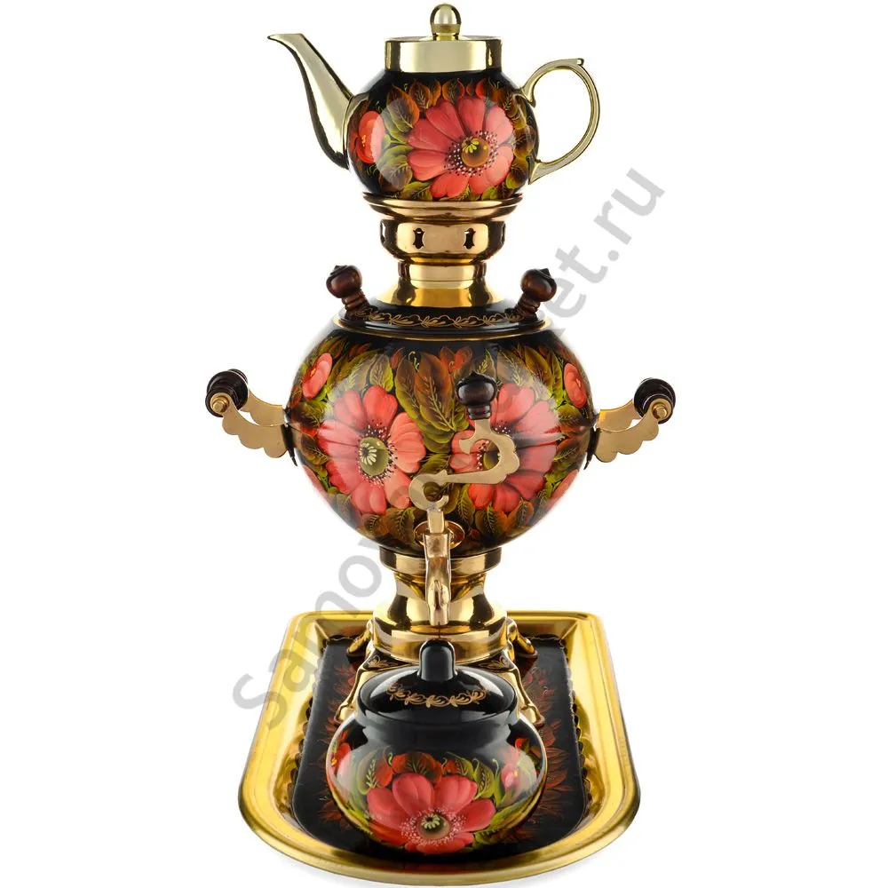 Самовар электрический 3 литра с художественной росписью «Маки на чёрном» формы «Шар» в наборе Самовар электрический 3 литра с художественной росписью «Маки на чёрном» формы «Шар» в наборе