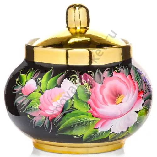 Сахарница с художественной росписью «Пионы на чёрном в золоте» 