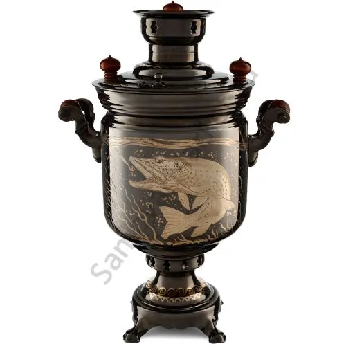 Самовар на дровах 5 литров формы «Банка» с рисунком  «Рыбалка»