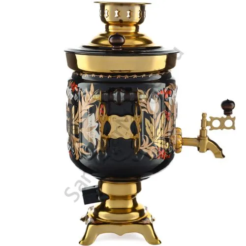 Самовар электрический 3 литра с худ. росписью «Хохлома белые цветы на чёрном» формы «Банка гранная»