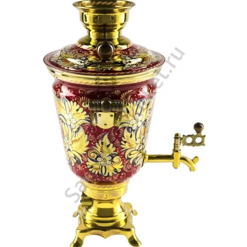 Самовар электрический 4 литра с художественной росписью «Кудрина красная» формы «Рюмка»