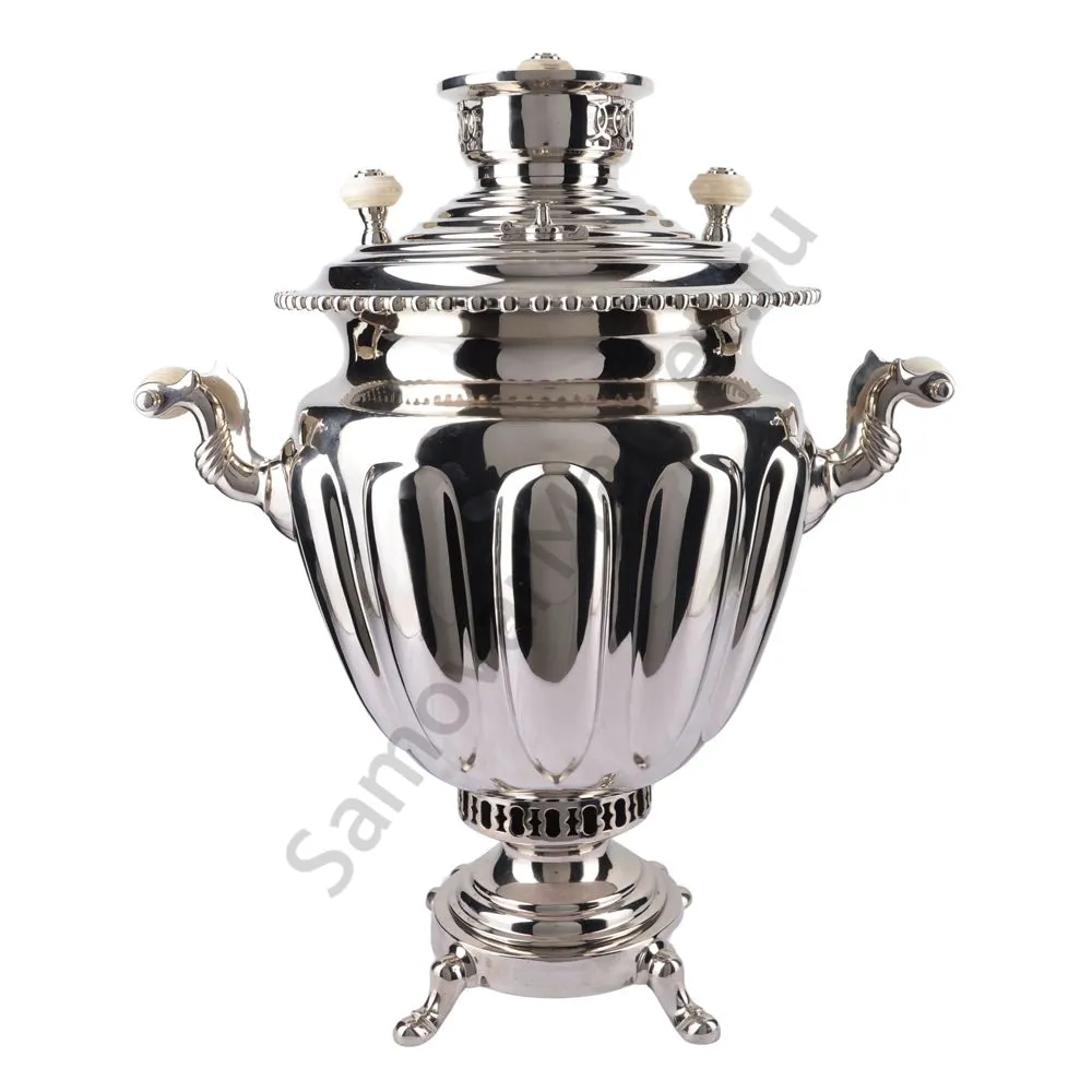 Самовар антикварный на дровах 6,5 литров формы «Ваза дольная», фурнитура кость, серебристый Самовар антикварный на дровах 6,5 литров формы «Ваза дольная», фурнитура кость, серебристый