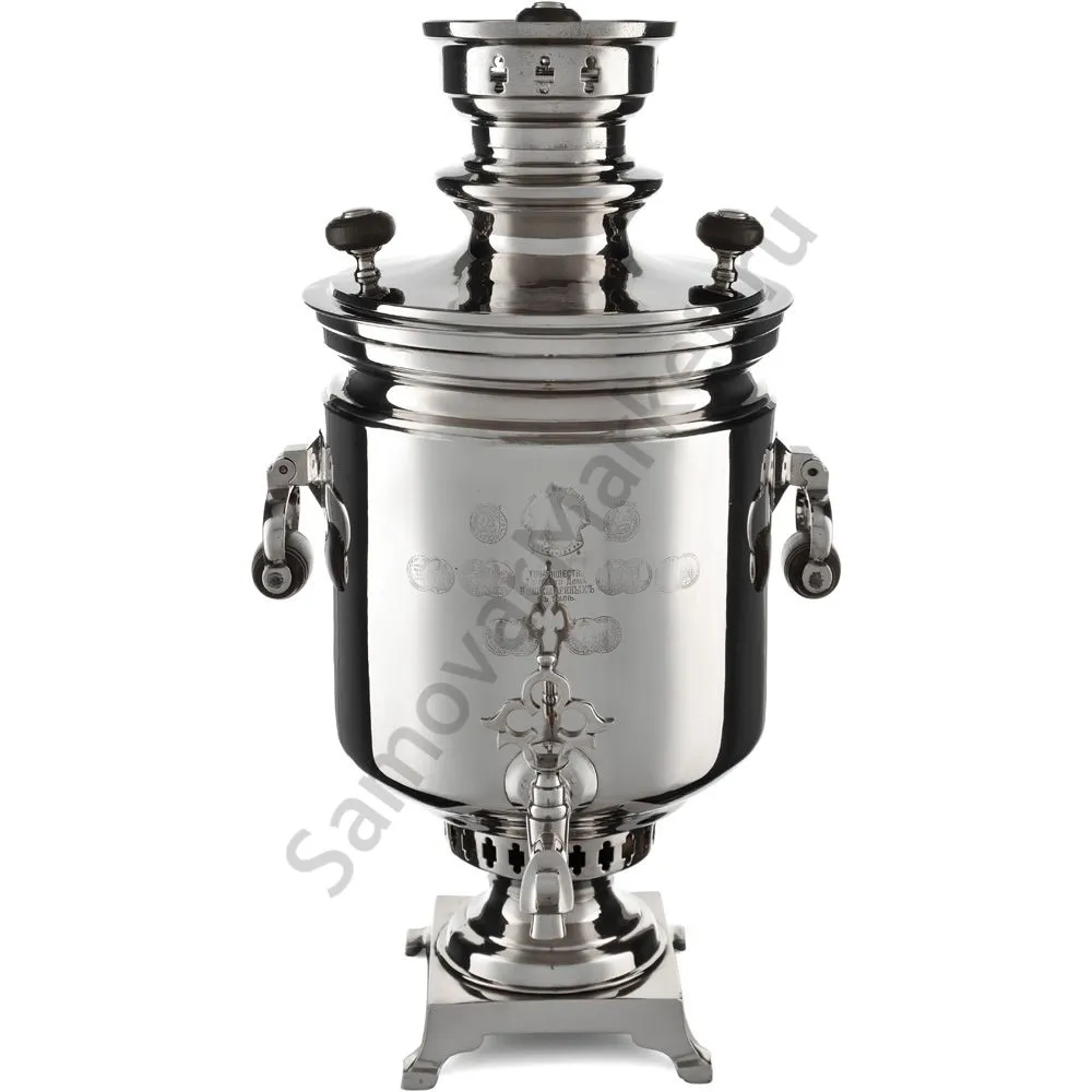 Самовар антикварный комбинированный 5,5 литров формы «Банка» Шемариных с медалями, серебристый Самовар антикварный комбинированный 5,5 литров формы «Банка» Шемариных с медалями, серебристый