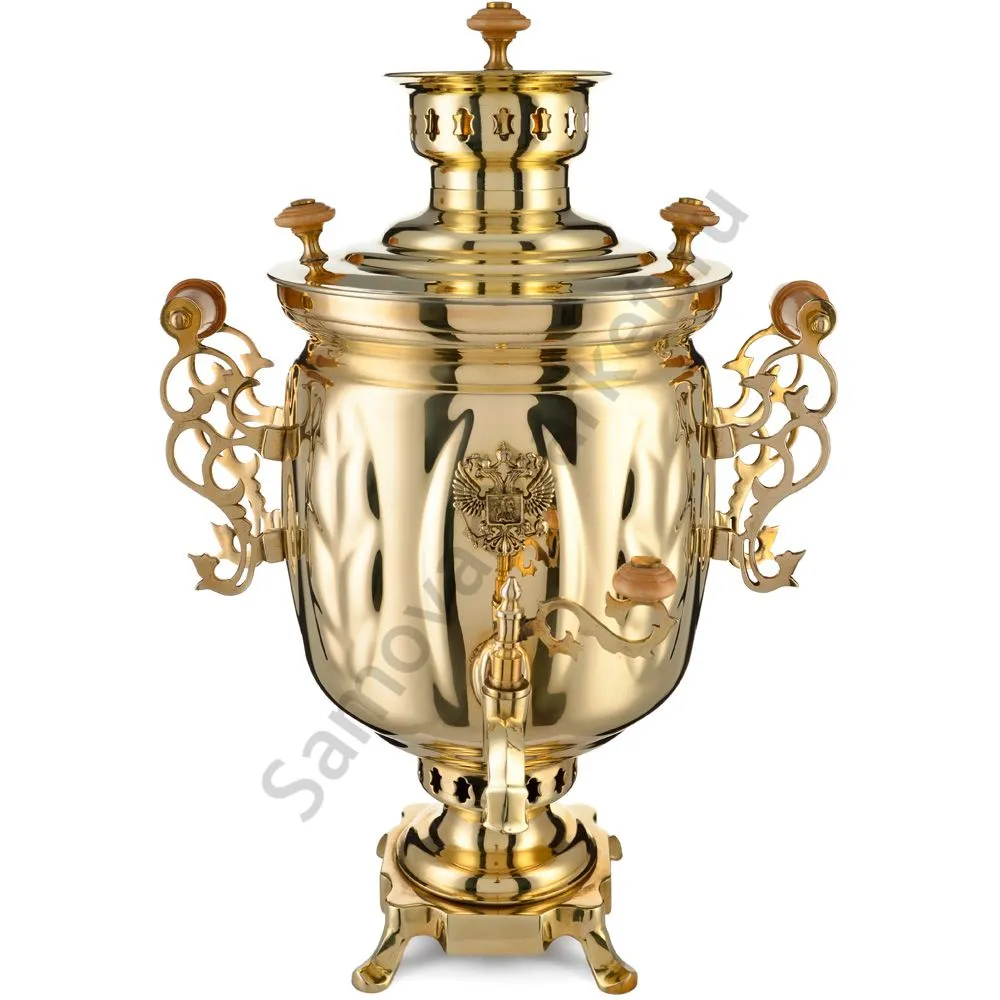 Самовар на дровах 5 литров формы «Банка с листьями с гербом РФ», золотой Самовар на дровах 5 литров формы «Банка с листьями с гербом РФ», золотой