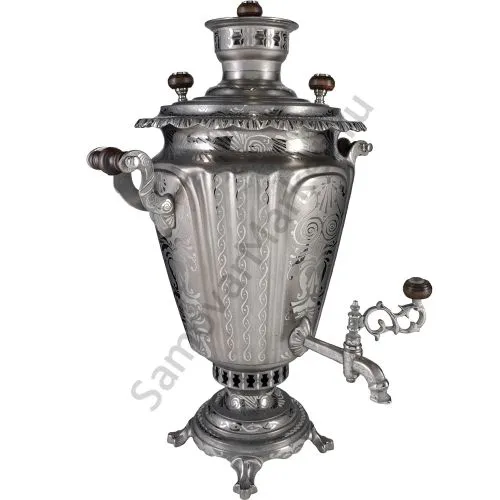 Самовар антикварный на дровах 6,5 литров формы «Рюмка гранная»с трубой, с узором, травление по никел