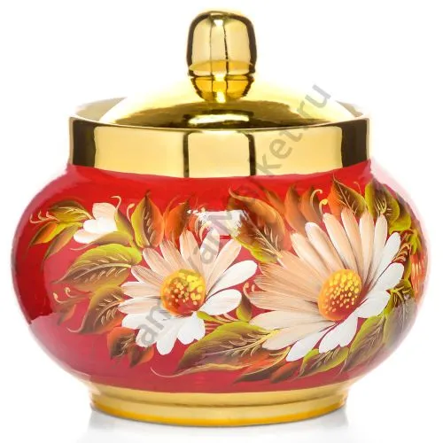Сахарница с художественной росписью «Ромашки с клубникой в золоте» 