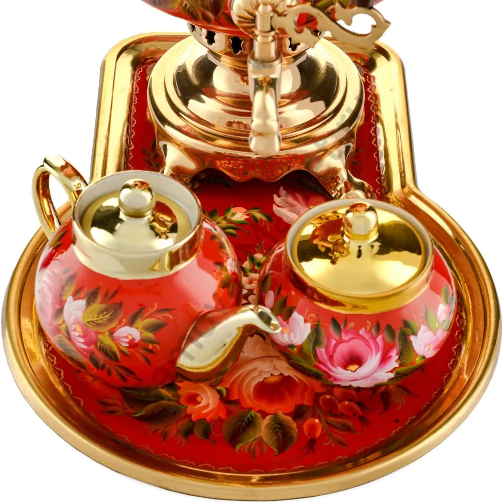 Самовар электрический 10л с автоот., худ.росписью «Пионы на красном в золоте» формы «Банка» в наборе Самовар электрический 10л с автоот., худ.росписью «Пионы на красном в золоте» формы «Банка» в наборе