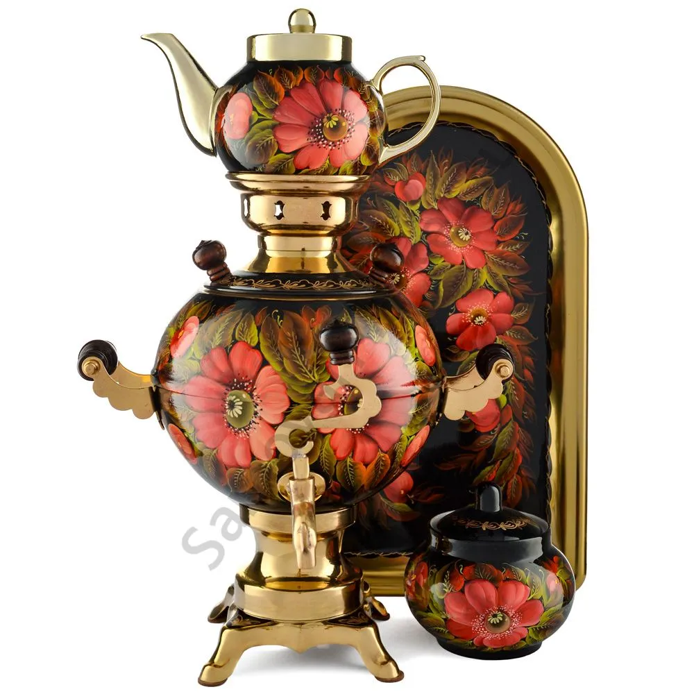 Самовар электрический 3 литра с художественной росписью «Маки на чёрном» формы «Шар» в наборе Самовар электрический 3 литра с художественной росписью «Маки на чёрном» формы «Шар» в наборе