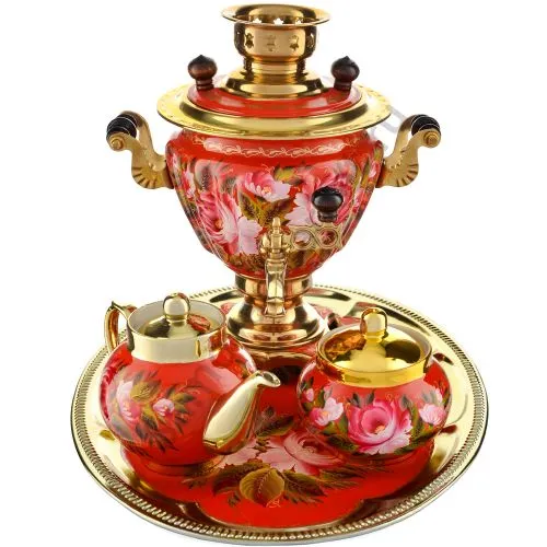 Самовар электрический 2 литра с худ. росписью «Пионы на красном в золоте» формы «Чаша» в наборе